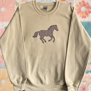 Horse Gingham Patchwork Small Beige Embroidered Crewneck Sweatshirt